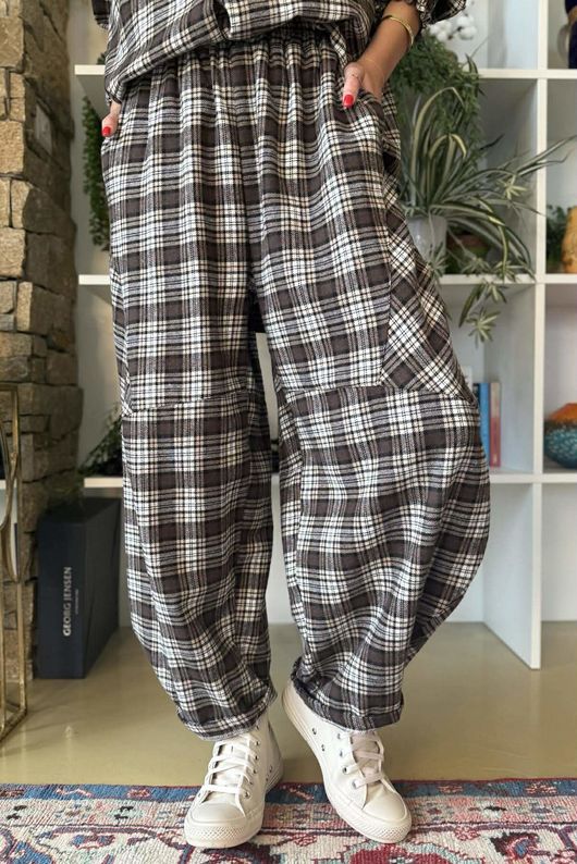 Patrick Plaid Brushed Cotton Barrel Pant Earth